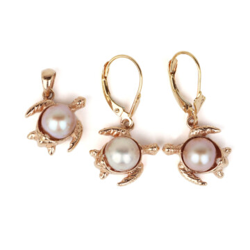 Featured image of this Women’s 14k Rose Gold Turtle Earrings & Pendant Set with Pink Pearls