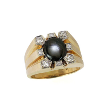 Featured image of this Men’s 14k Yellow Gold Diamond, Black Star Sapphire Ring