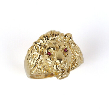 Featured image of this Men’s 10k Yellow Gold Clear Stone, Ruby Lion Ring