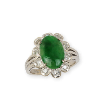 Featured image of this Women’s 18k White Gold, Jadeite, Diamond Flower Ring