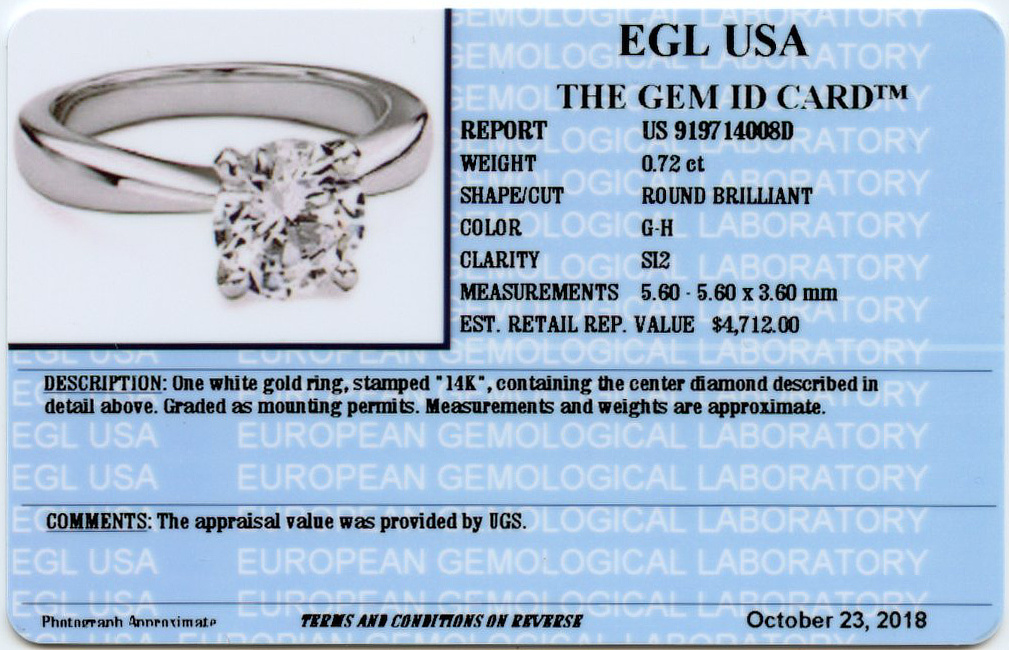 Gallery image of this Women’s 14k White Gold Diamond Bridal Ring EGL Cert.