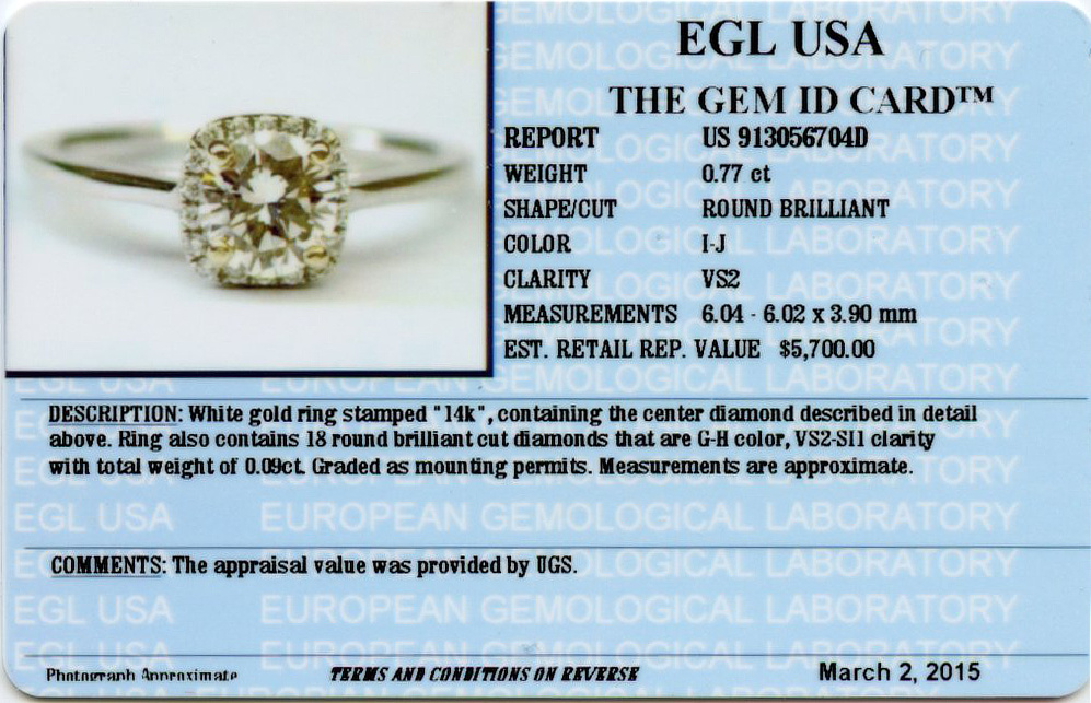 Gallery image of this Women’s 14k White Gold Diamond Bridal Ring EGL Cert.