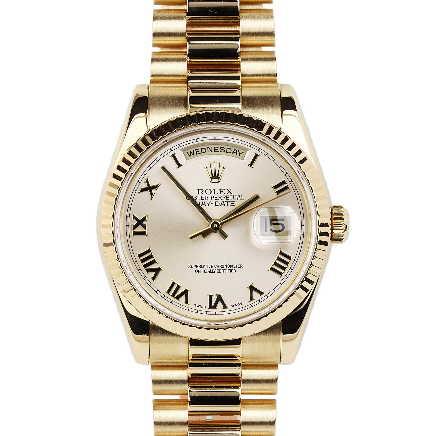 Featured image of this Men’s Rolex 18k Yellow Gold President Roman Dial Wristwatch – 36mm Case