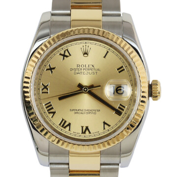Featured image of this Men’s 18k Yellow Gold, Stainless Steel Roman Datejust Rolex Wristwatch – 36mm Case