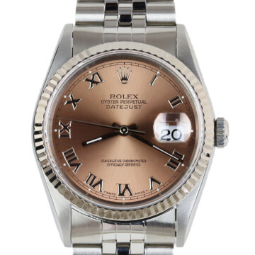 Featured image of this Men’s Stainless Steel Datejust Roman Rose Rolex Wristwatch – 35mm Case