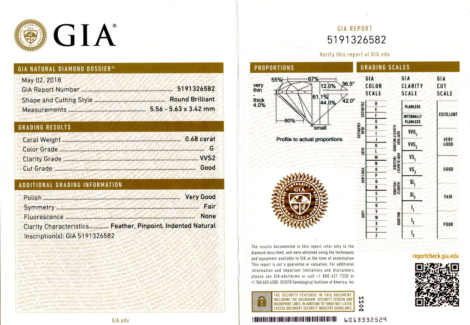 Gallery image of this GIA Certified 0.68ct Round Brilliant Cut Diamond G/VVS2