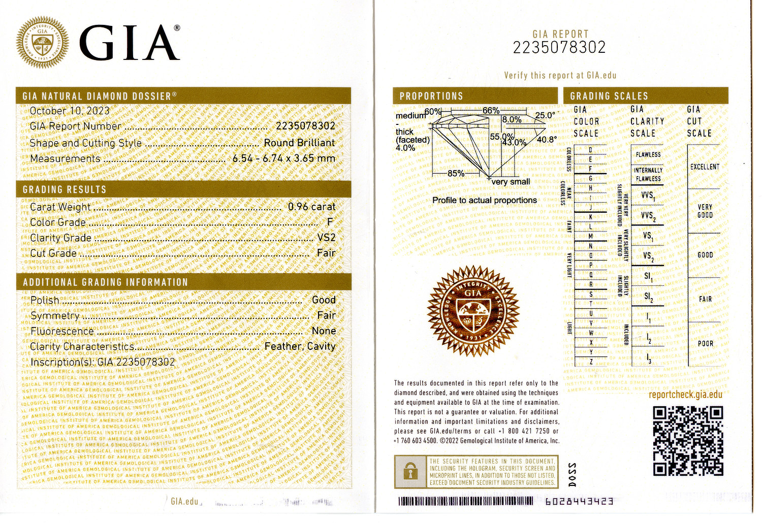 Gallery image of this GIA Certified 0.96ct Round Brilliant Cut Diamond F/VS2