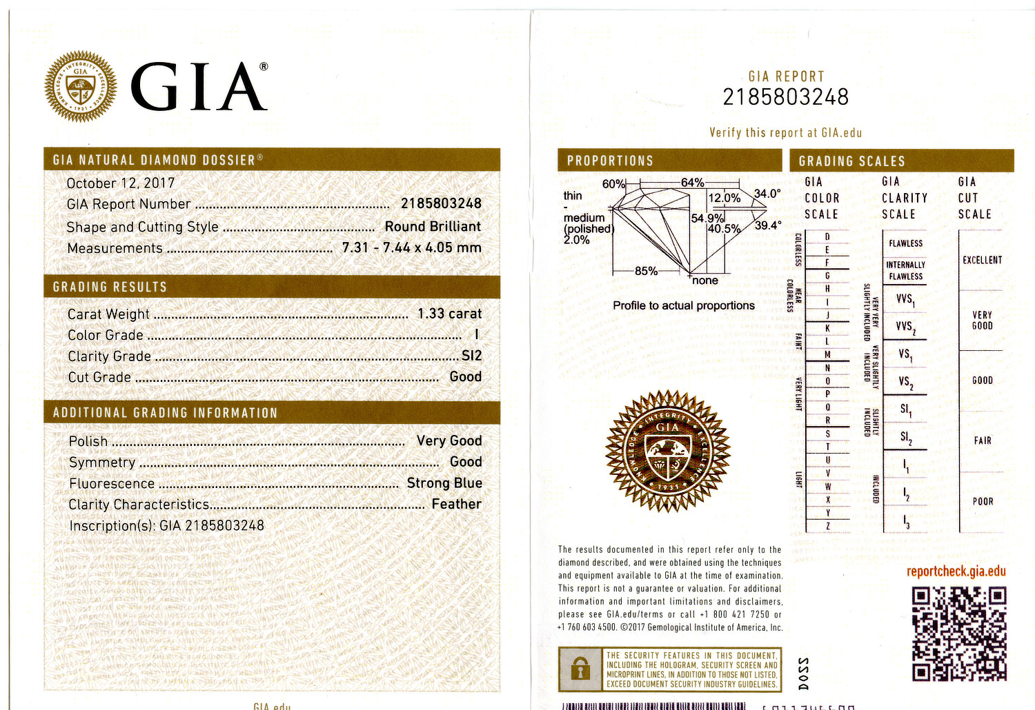 Gallery image of this GIA Certified 1.33ct Round Brilliant Cut I/SI2