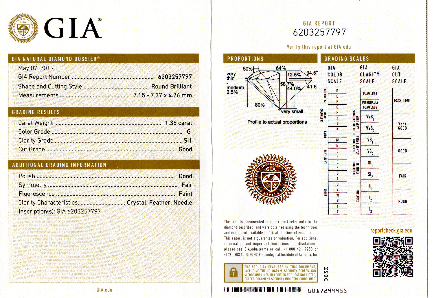 Gallery image of this GIA Certified 1.36ct Round Brilliant Cut Diamond G/SI1