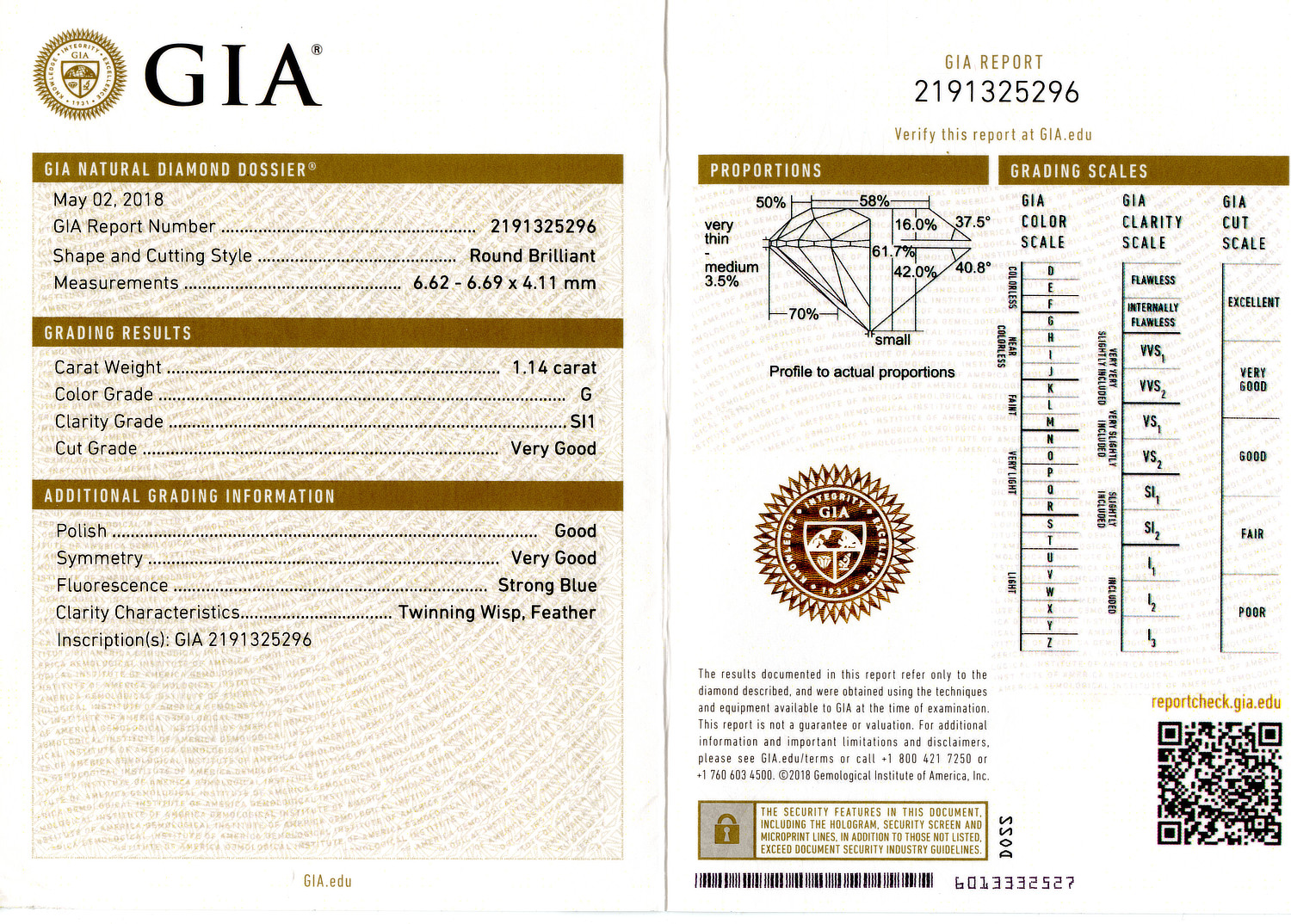 Gallery image of this GIA Certified 1.14ct Round Brilliant Cut Diamond G/SI1