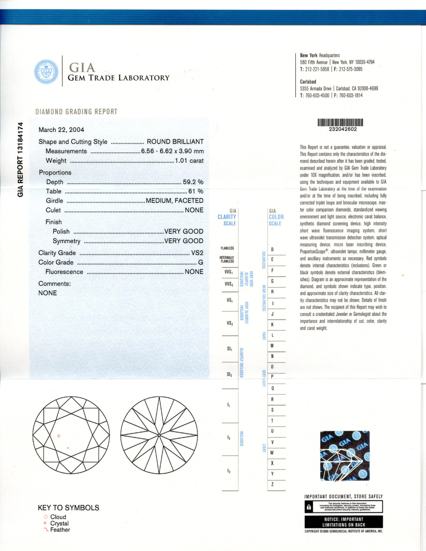 Gallery image of this GIA Certified 1.01ct Round Brilliant Cut Diamond G/VS2