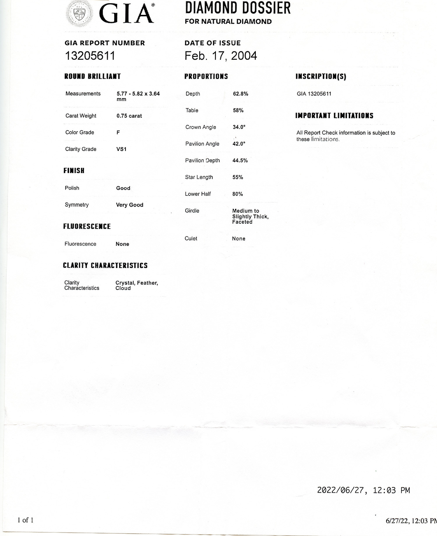 Gallery image of this GIA Certified 0.75ct Round Brilliant Cut Diamond F/VS1