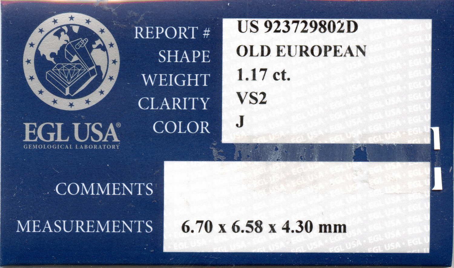 Gallery image of this EGL Certified 1.17ct Old European Cut Diamond J/VS1