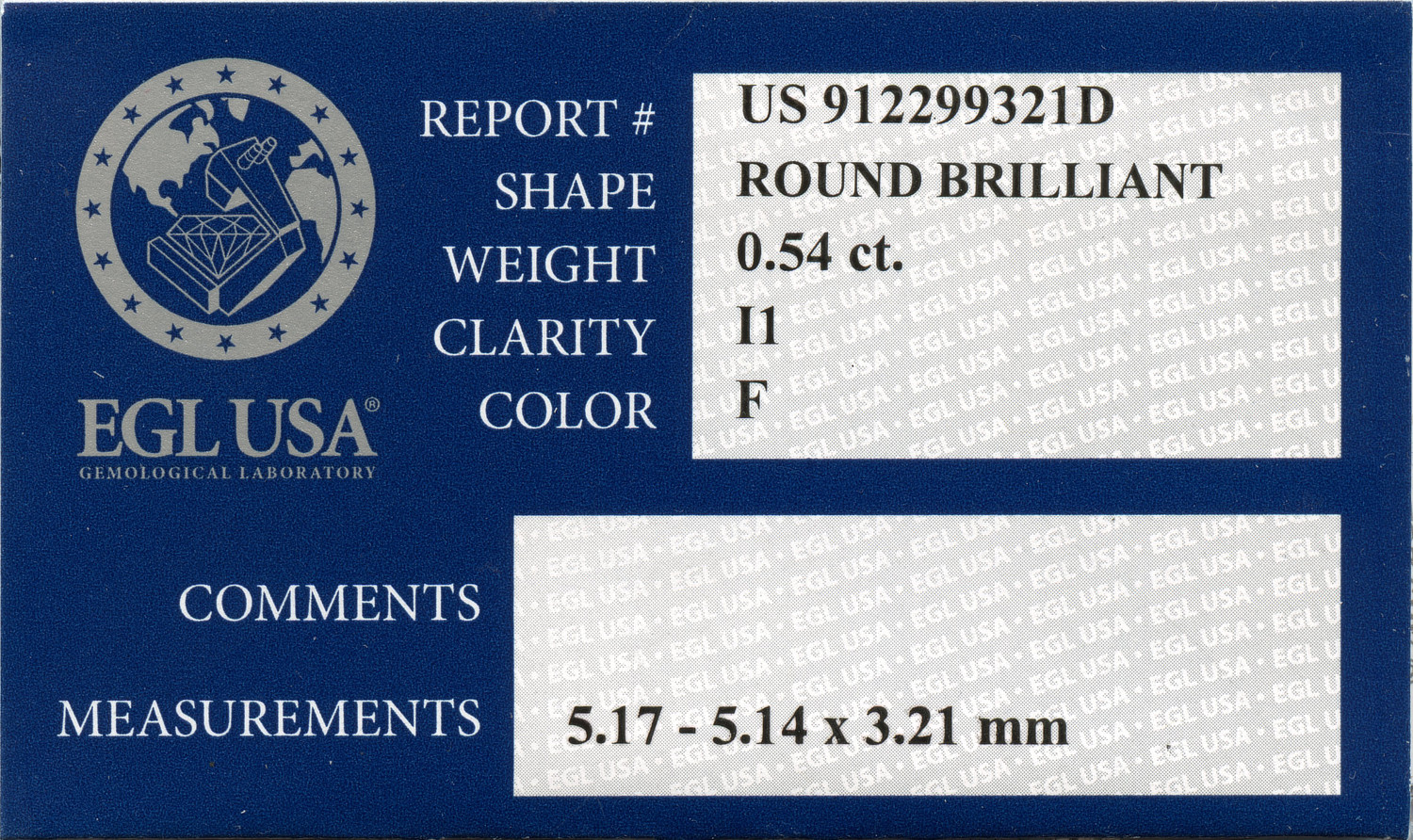 Gallery image of this EGL Certified 0.54ct Round Brilliant Cut Diamond F/I1