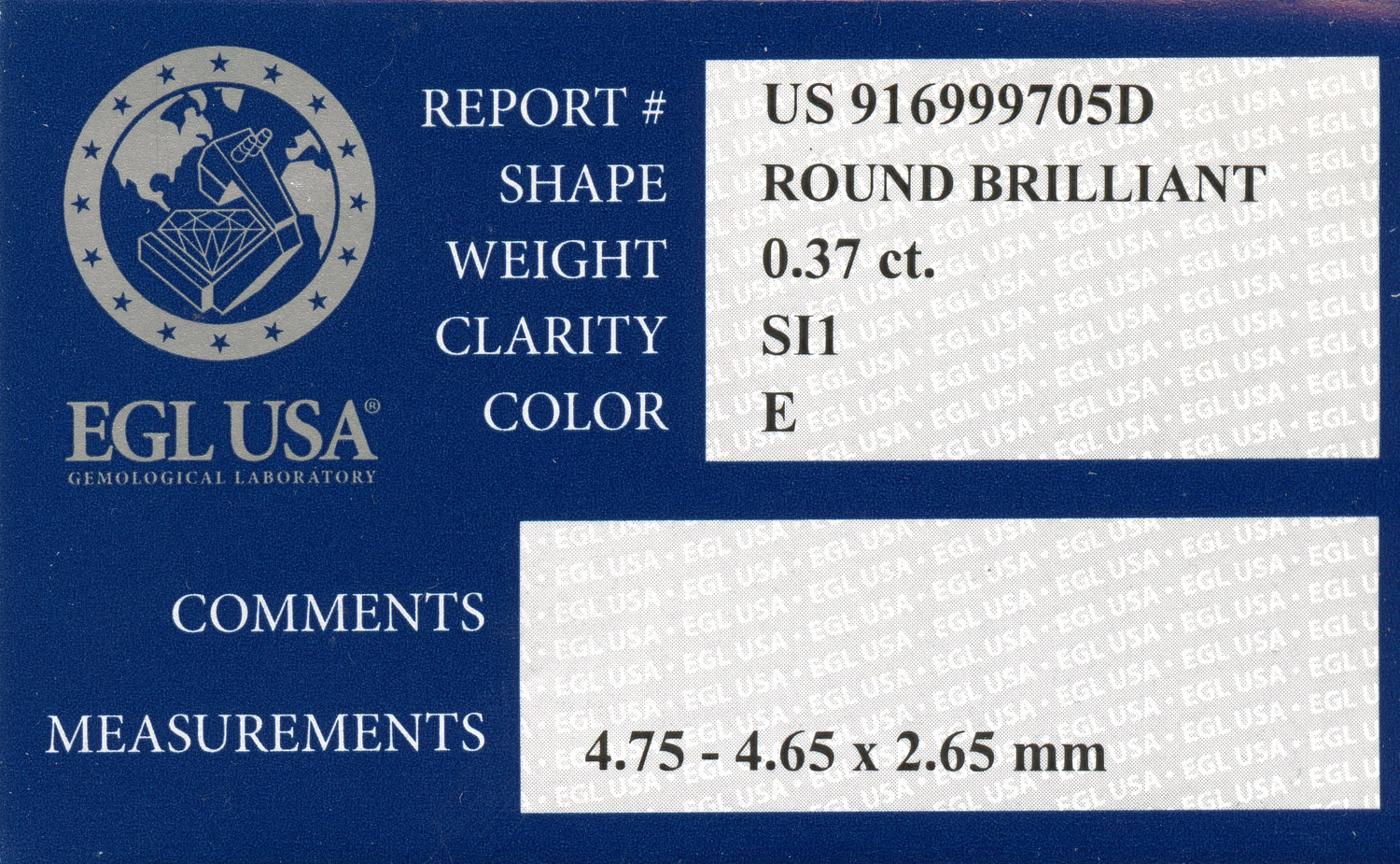 Gallery image of this EGL Certified 0.37ct Round E/SI1 Diamond