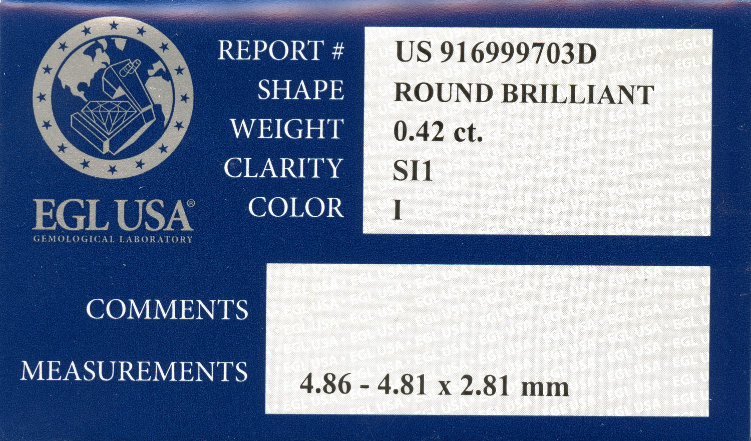 Gallery image of this EGL Certified 0.42ct Round Brilliant Cut Diamond I/SI1