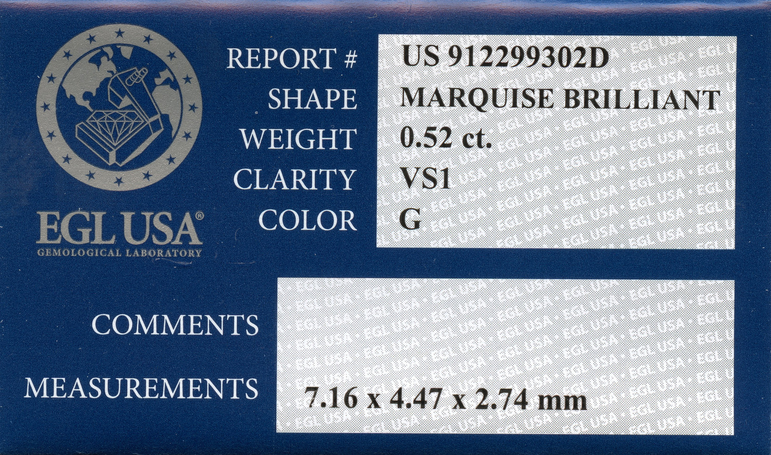 Gallery image of this EGL Certified 0.52ct Marquise Cut Diamond G/VS1