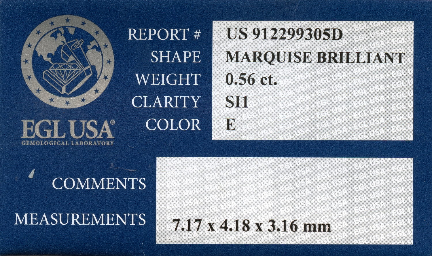 Gallery image of this EGL Certified 0.56ct Marquise Cut Diamond E/SI1