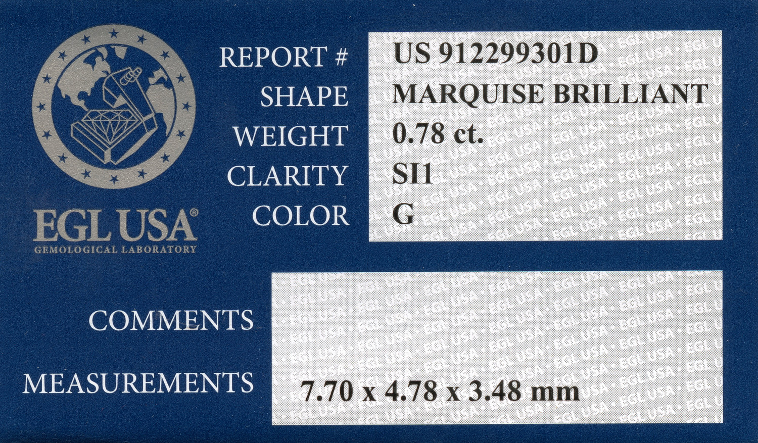 Gallery image of this EGL Certified 0.78ct Marquise Cut Diamond G/SI1