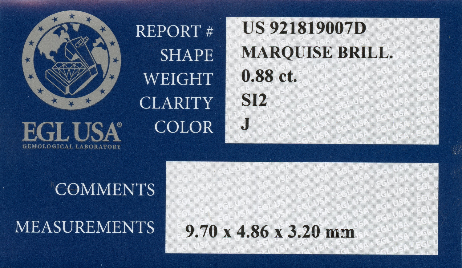 Gallery image of this EGL Certified 0.88ct Marquise Cut Diamond J/SI2