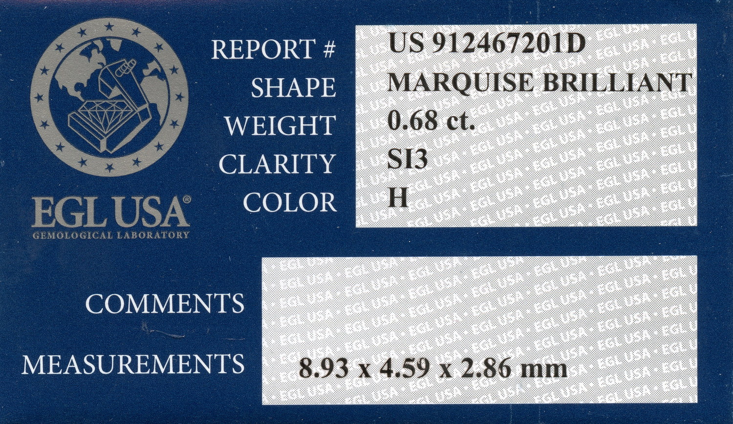 Gallery image of this EGL Certified 0.68ct Marquise Cut Diamond H/SI3