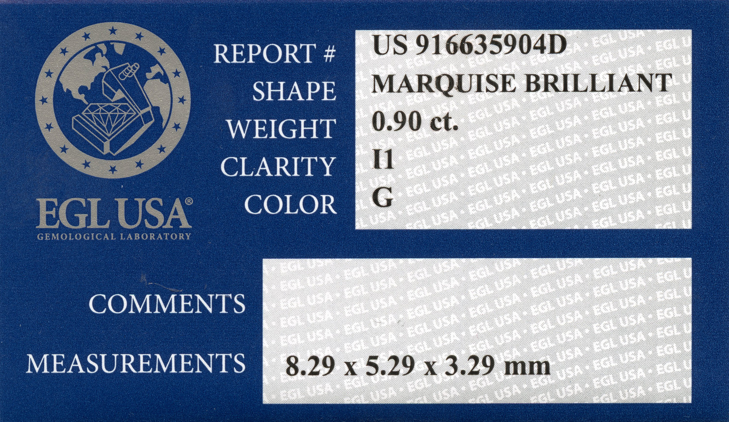 Gallery image of this EGL Certified 0.90ct Marquise Cut Diamond G/I1