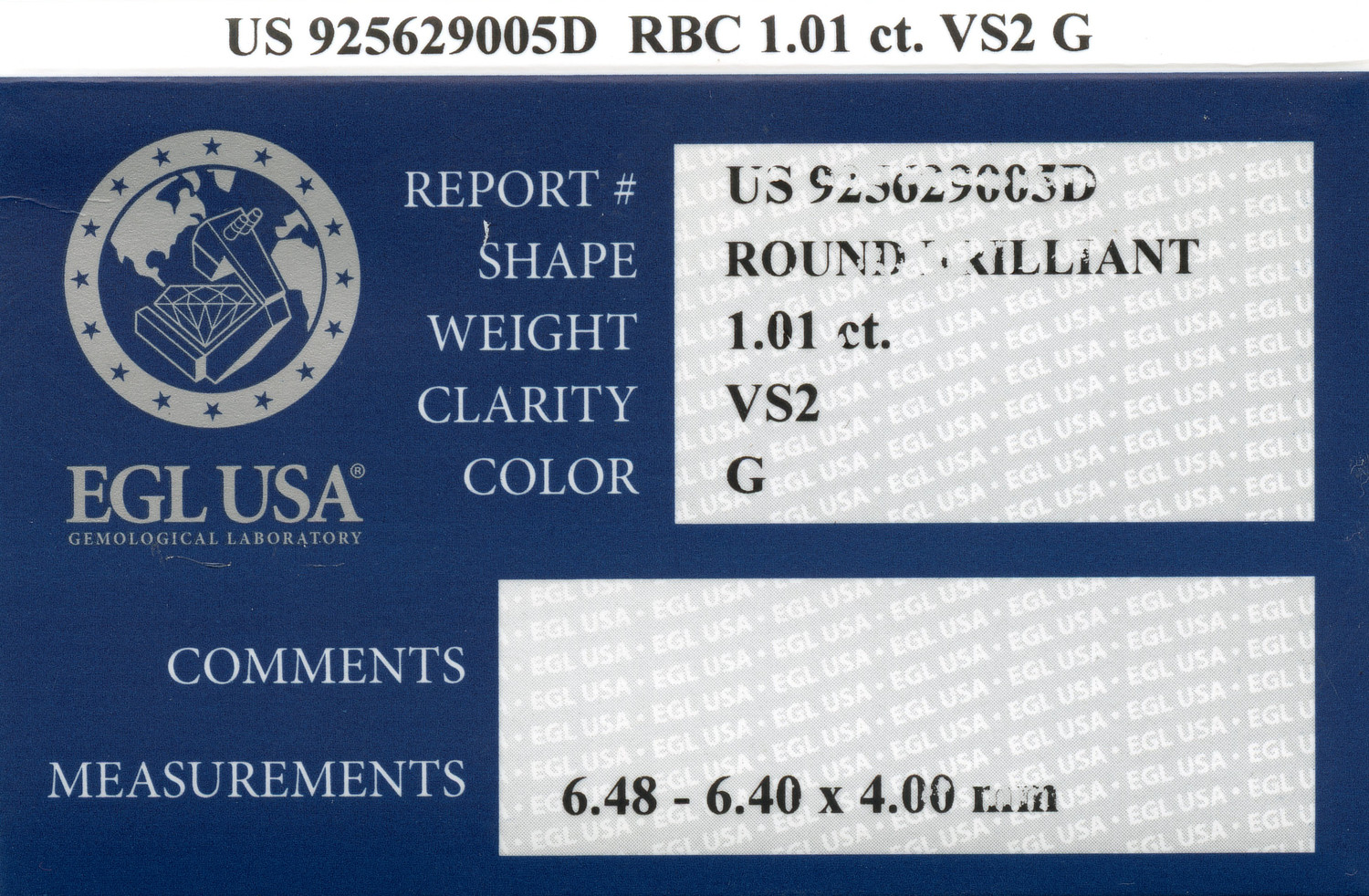 Gallery image of this EGL Certified 1.01ct Round Brilliant Cut Diamond G/VS2