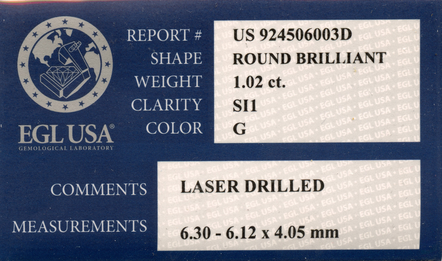 Gallery image of this EGL Certified 1.02ct Round Brilliant Cut Diamond G/SI1