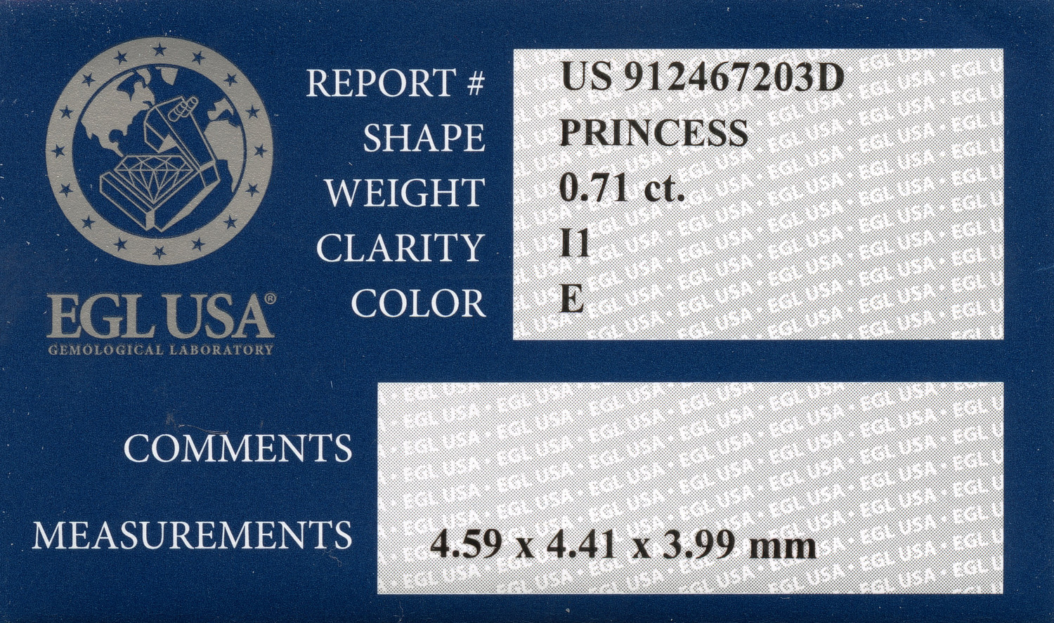 Gallery image of this EGL Certified 0.71ct Princess Cut Diamond E/I1