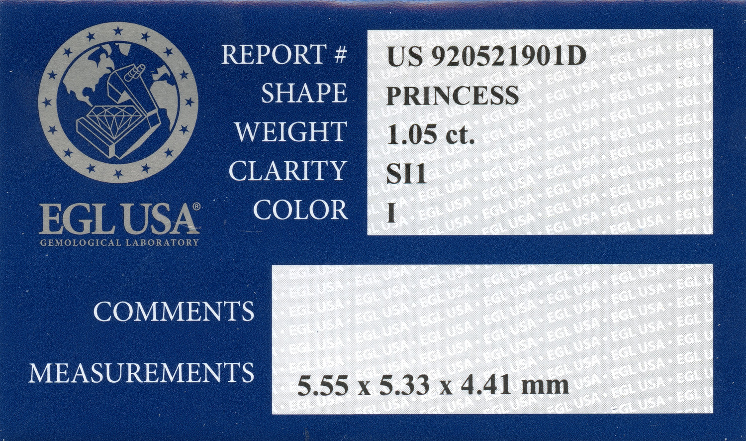 Gallery image of this EGL Certified 1.05ct Princess Cut Diamond I/SI1