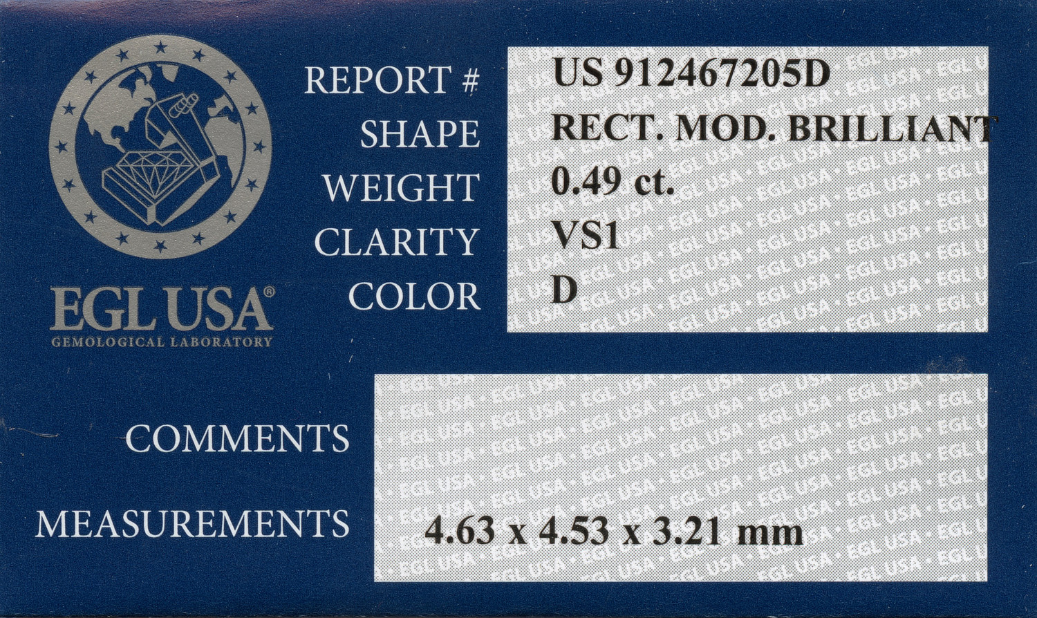Gallery image of this EGL Certified 0.49ct Radiant Cut Diamond D/VS1