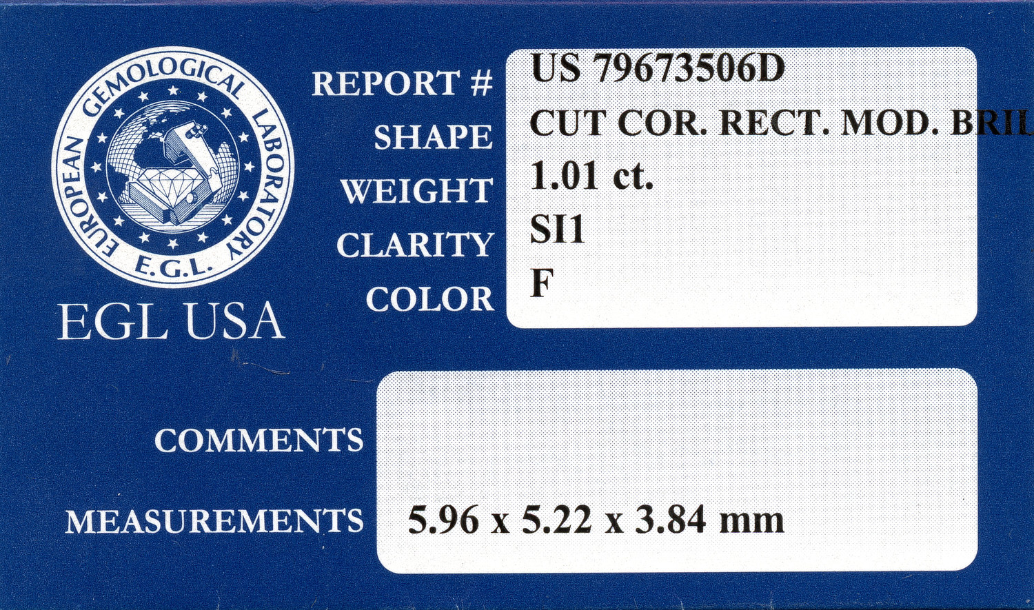 Gallery image of this EGL Certified 1.01ct Radiant Cut Diamond F/SI1