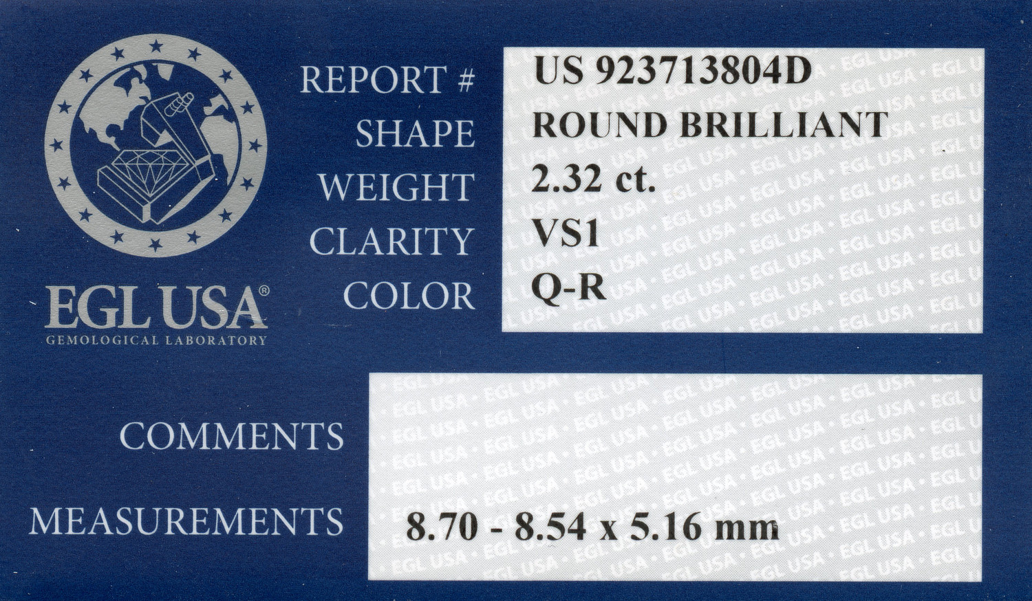 Gallery image of this EGL Certified 2.32ct Round Brilliant Cut Diamond Q/VS1