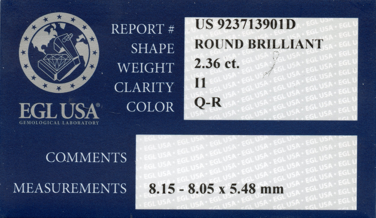 Gallery image of this EGL Certified 2.36ct Round Brilliant Cut Diamond Q/I1