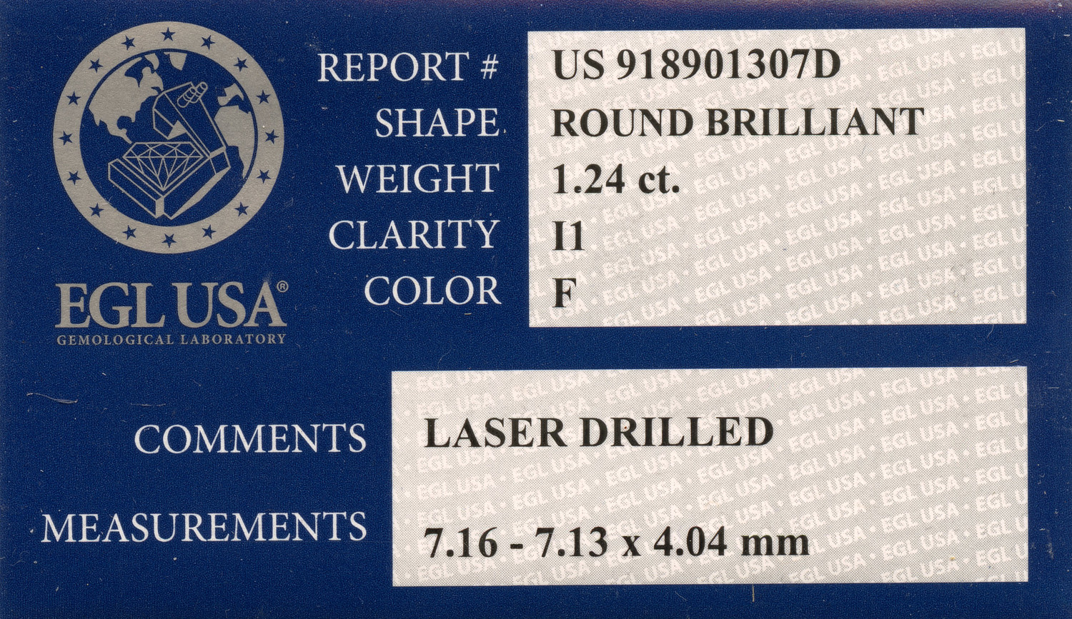 Gallery image of this EGL Certified 1.24ct Round Brilliant Cut Diamond F/I1