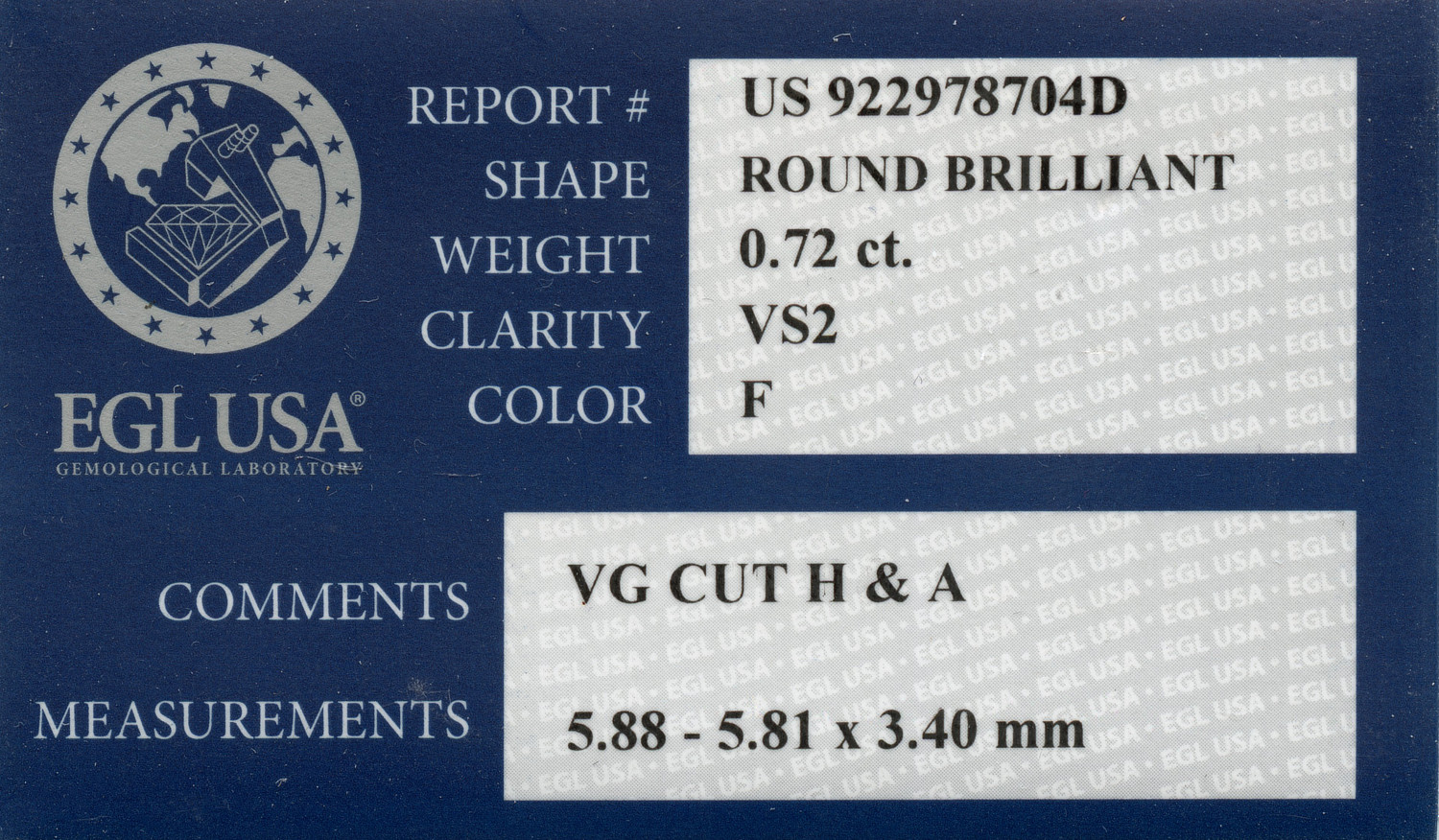 Gallery image of this EGL Certified 0.72ct Round Brilliant Cut Diamond F/VS2