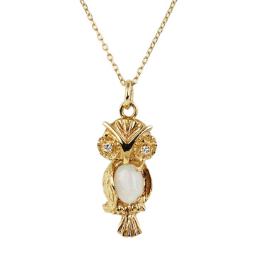 Featured image of this Women’s 14k Yellow Gold Diamond, Opal Owl Pendant Necklace
