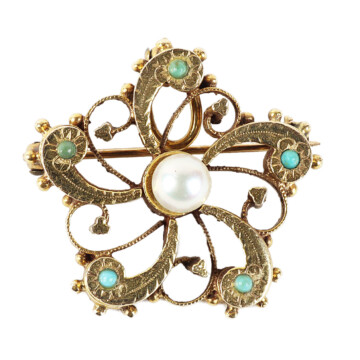 Featured image of this Women’s Vintage 14k Yellow Gold Pearl, Turquoise Brooch
