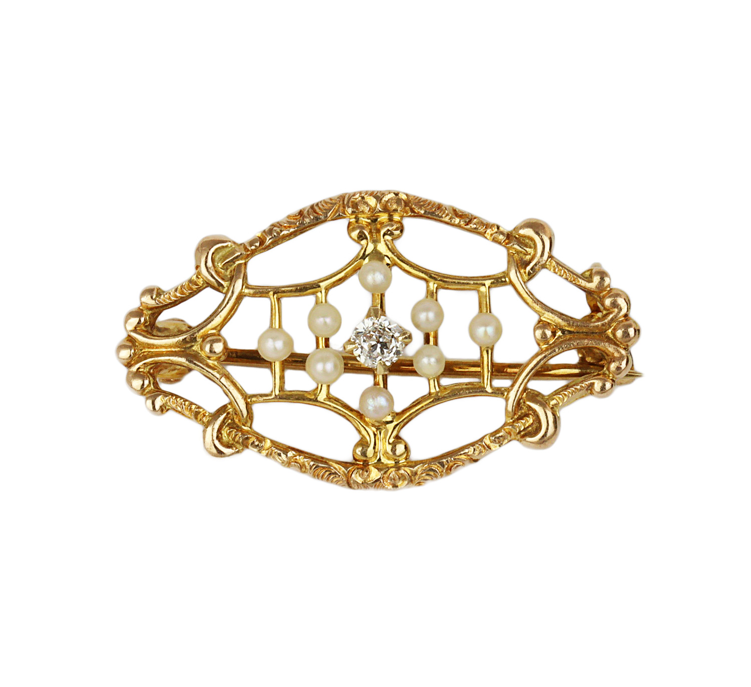 Featured image of this Women’s Vintage 14k Yellow Gold Pearl, Diamond Brooch