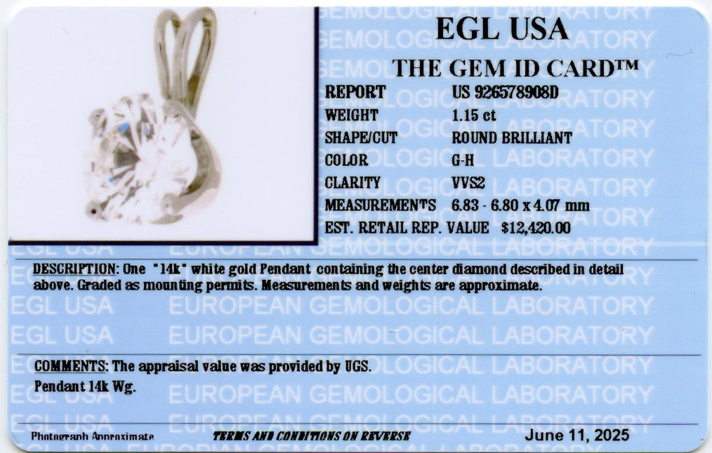 Gallery image of this Women’s 14k White Gold Diamond Pendant EGL Cert