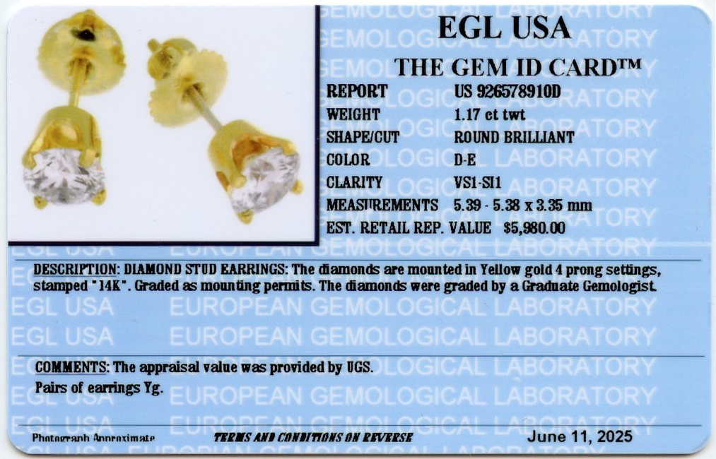 Gallery image of this Women’s 14k Yellow Gold Diamond Stud Earrings EGL Cert