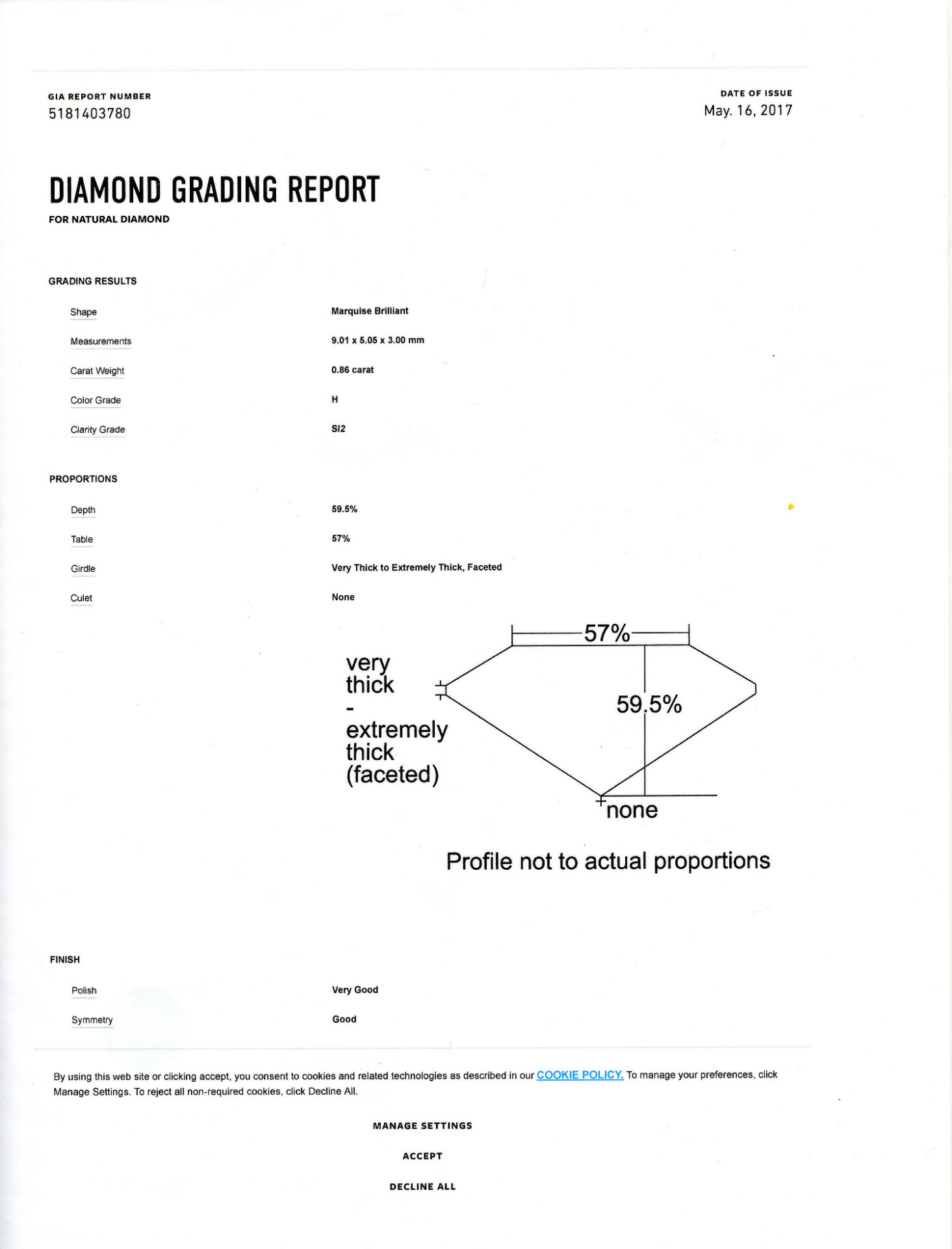 Gallery image of this GIA Certified 0.86ct Marquise Cut Diamond H/SI2