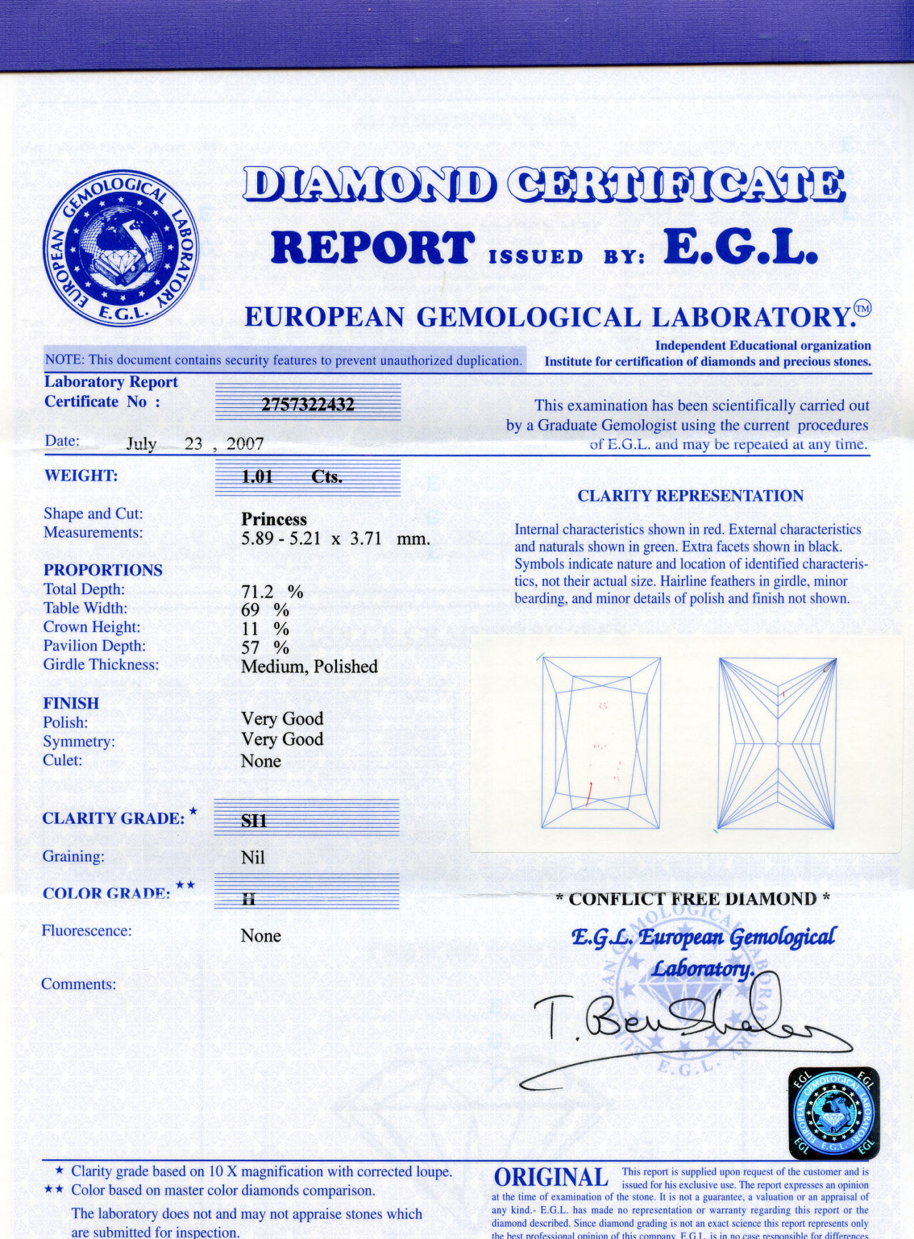 Gallery image of this EGL Certified 1.01ct Princess Cut Diamond H/SI1