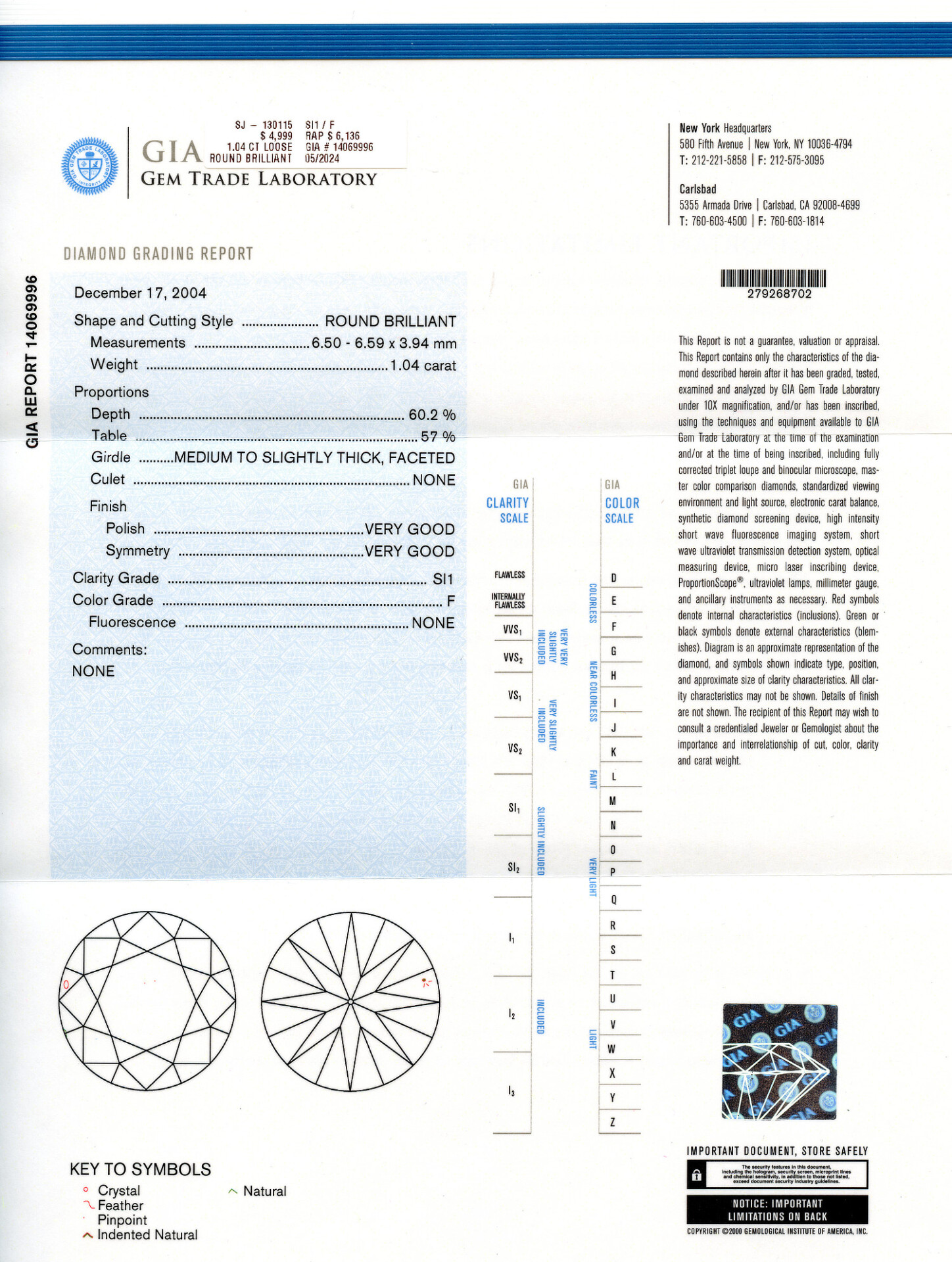 Gallery image of this GIA Certified 1.04ct Round Brilliant Cut Diamond F/SI1