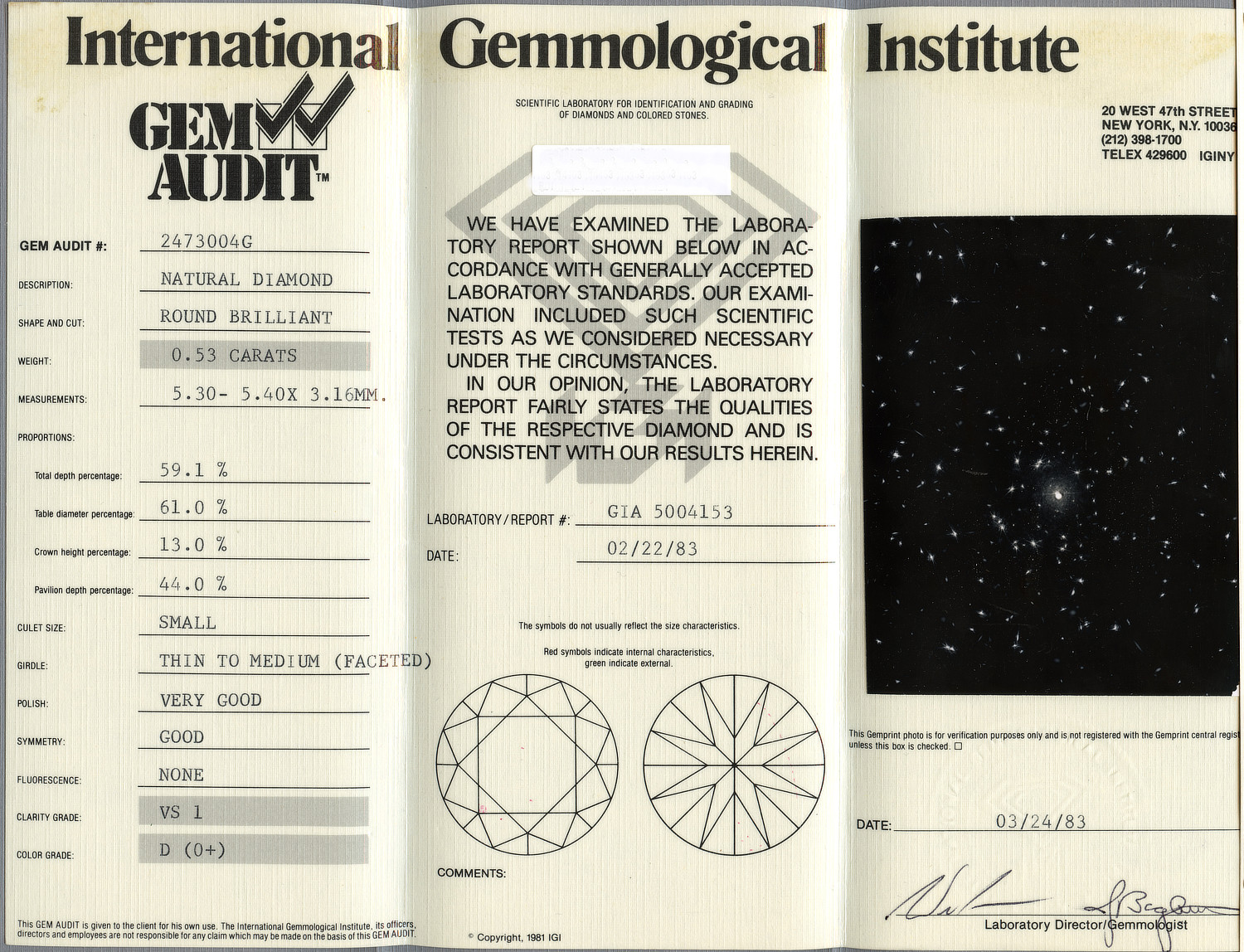 Gallery image of this GIA Certified 0.53ct Round Brilliant Cut Diamond D/VS1