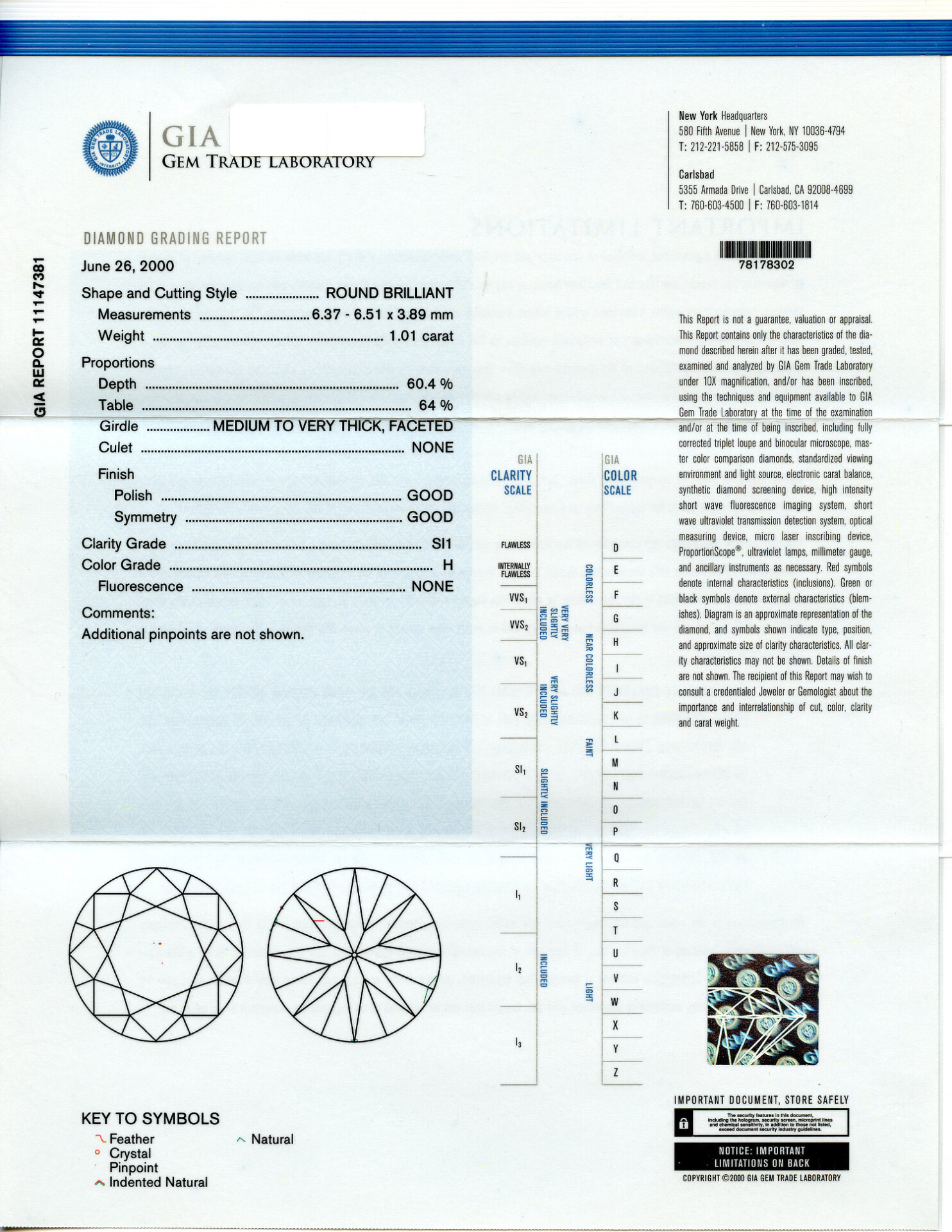 Gallery image of this GIA Certified 1.01ct Round Brilliant Cut Diamond H/SI1
