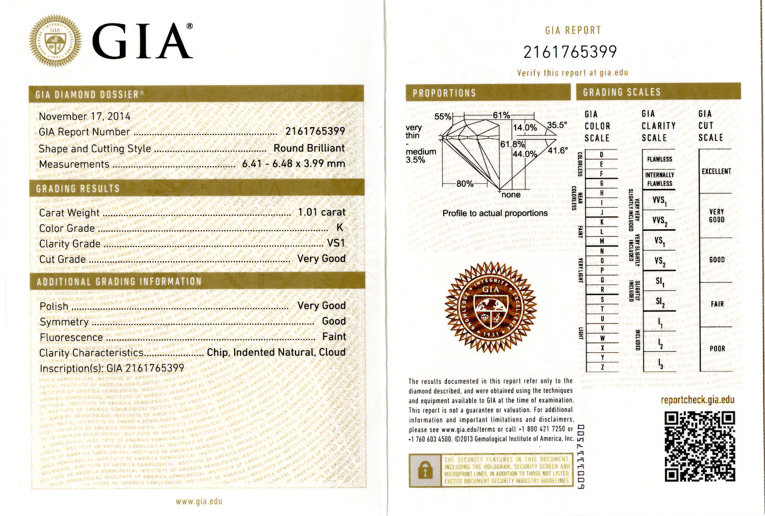 Gallery image of this GIA Certified 1.01ct Round Brilliant Cut Diamond K/VS1