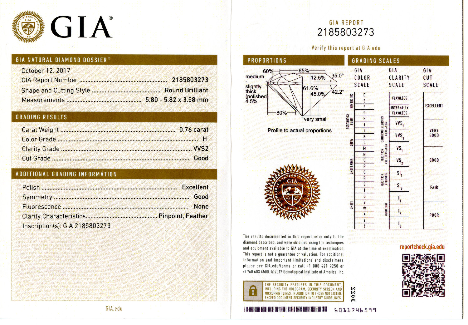 Gallery image of this GIA Certified 0.76ct Round Brilliant Cut Diamond H/VVS2