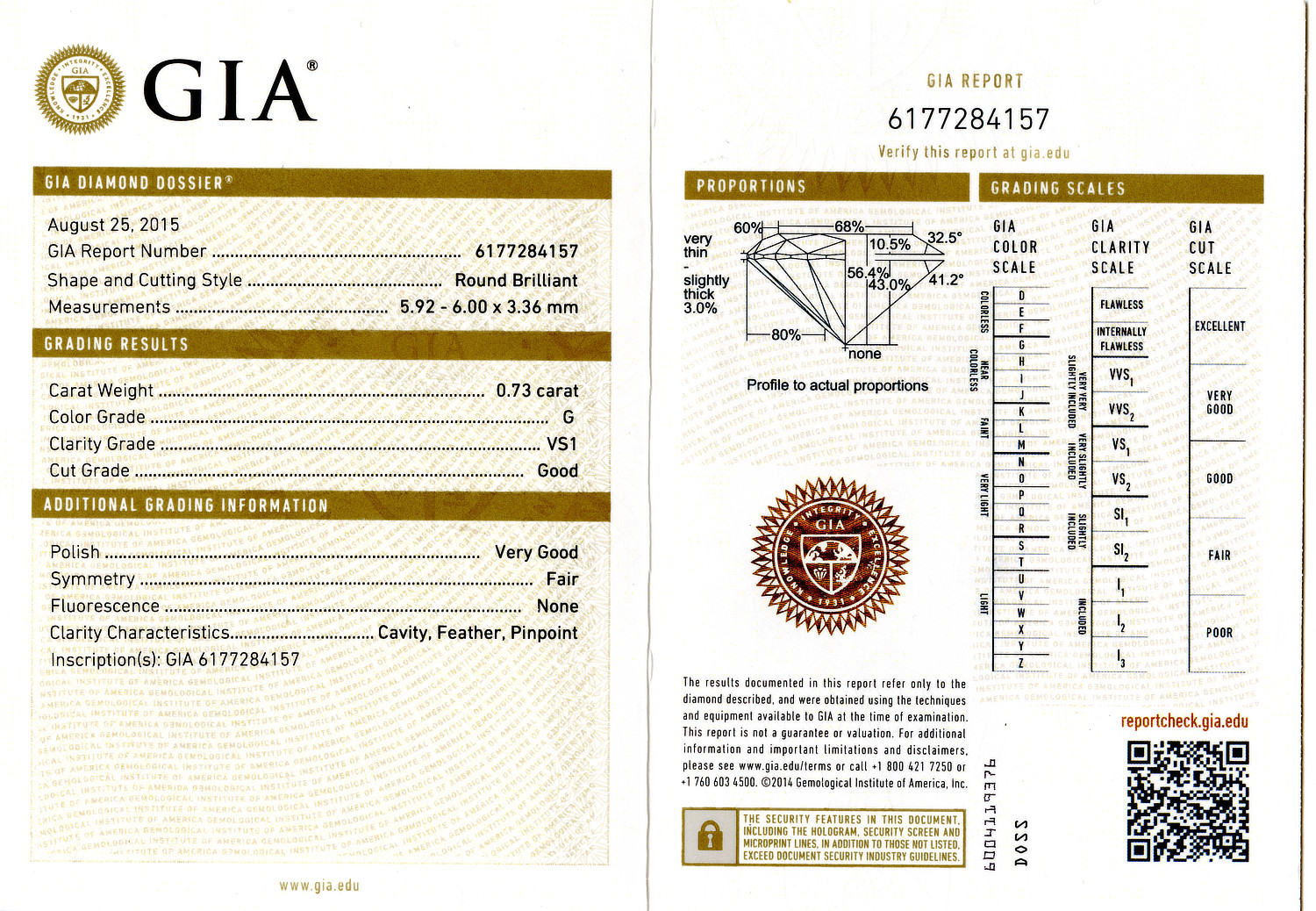 Gallery image of this GIA Certified 0.73ct Round Brilliant Diamond G/VS1