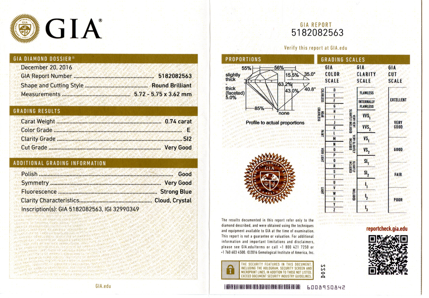 Gallery image of this GIA Certified 0.74ct Round Brilliant Cut Diamond E/SI2